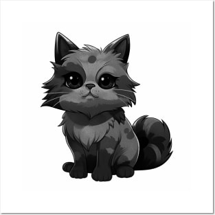 Cartoon black and white fluffy cat Posters and Art